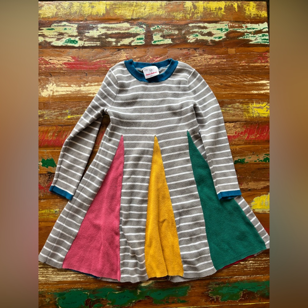 Hanna Andersson Gray Stripe Dress with Teal, Mustard, and Pink Panels